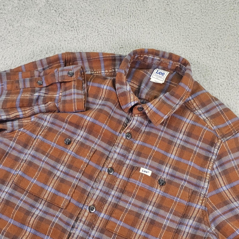 Lee Shirt Mens Large Brown Plaid Flannel Long Sleeve Button Up Workwear
